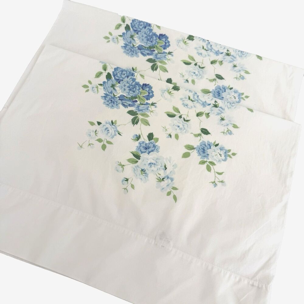 Vtg Fieldcrest Blue Floral King Pillowcases Cottagecore 100% Cotton USA READ